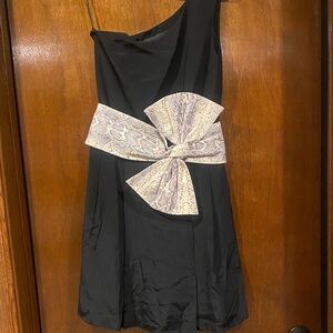 JAYGODFREY Black Mini Dress with Pale Snakeskin Bow